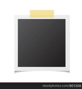 Frame of photo with shadow pin on sticky tape. Realistic empty square black and white photo snapshot isolated on white background. Vector frame of picture for your design