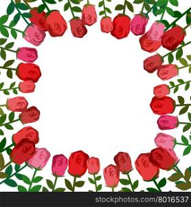 Frame of roses. Red background beautiful flowers and location for text. Vector illustration