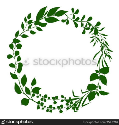 Frame of sprigs with green leaves. Decorative natural plants.. Frame of sprigs with green leaves.