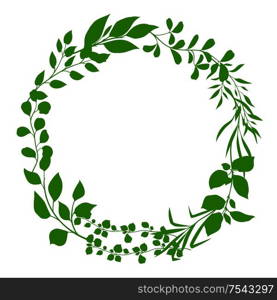 Frame of sprigs with green leaves. Decorative natural plants.. Frame of sprigs with green leaves.