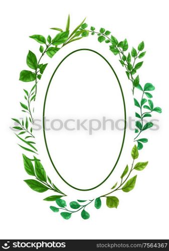 Frame of sprigs with green leaves. Decorative natural plants.. Frame of sprigs with green leaves.