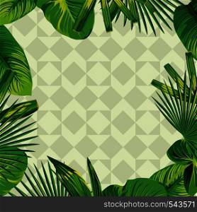 Frame of tropical green leaves in olive geometric background