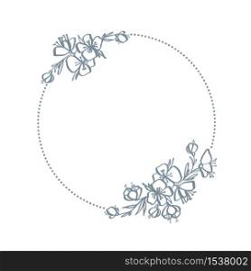 Frame of wreath with flowers and branches. Decor design with place for your text isolated on white. Sketched floral and herbs garland. Handdrawn vector style, nature illustration.. Frame of wreath with flowers and branches. Decor design with place for your text isolated on white. Sketched floral and herbs garland. Handdrawn vector style, nature illustration