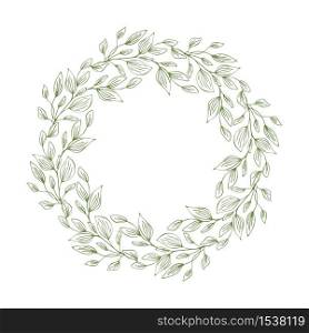 Frame of wreath with leaves and branches. Decor design with copyspace isolated on white. Sketched floral and herbs garland. Handdrawn vector style, nature illustration.. Frame of wreath with leaves and branches. Decor design with copyspace isolated on white. Sketched floral and herbs garland. Handdrawn vector style, nature illustration