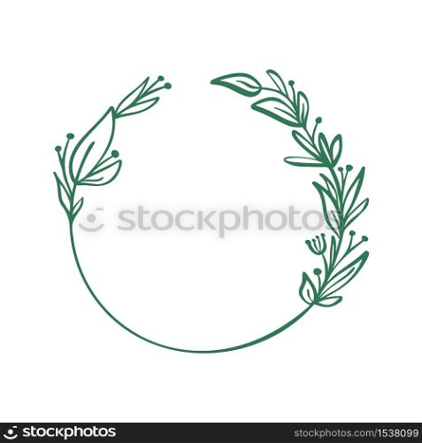 Frame of wreath with leaves and branches. Decor design with place for your text isolated on white. Sketched floral and herbs garland. Handdrawn vector style, nature illustration.. Frame of wreath with leaves and branches. Decor design with place for your text isolated on white. Sketched floral and herbs garland. Handdrawn vector style, nature illustration