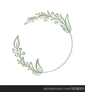 Frame of wreath with leaves and branches. Decor design with place for your text isolated on white. Sketched floral and herbs garland. Handdrawn vector style, nature illustration.. Frame of wreath with leaves and branches. Decor design with place for your text isolated on white. Sketched floral and herbs garland. Handdrawn vector style, nature illustration