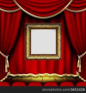 Frame on the background of red theater stage curtains. Mesh.EPS10.Clipping Mask.This file contains transparency.