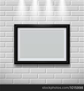 Frame on wall. Modern picture frame for painting or photo advertising poster on canvas vector realistic mockup for exhibition. Illustration of exhibition gallery frame, white brickwork picture photo. Frame on wall. Modern picture frame for painting or photo advertising poster on canvas vector realistic mockup for exhibition