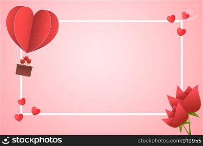 Frame Paper Style love of valentine day , heart balloon flying with heart float , Rose and heart outer frame with copy space , vector illustration background