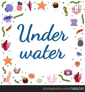 Frame template with cartoon sea animals. Ocean background with circle silhouette. Underwater life. Shell, star and sea anemon, seaweed. Frame template with cartoon sea animals. Ocean background with circle silhouette.