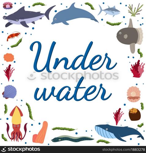Frame template with cartoon sea animals. Ocean background with circle silhouette. Underwater life. Hummerhead shark, dolphin, squid and whale. Frame template with cartoon sea animals. Ocean background with circle silhouette.