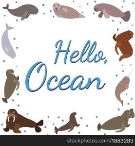 Frame template with cartoon sea animals. Ocean background with square silhouette. Underwater life. Seal, walrus, beluga and dugon. Frame template with cartoon sea animals. Ocean background with square silhouette.