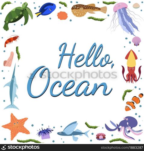 Frame template with cartoon sea animals. Ocean background with square silhouette. Underwater life. Jellyfish and turtle, star, squid, octopus and shrimp. Frame template with cartoon sea animals. Ocean background with square silhouette.