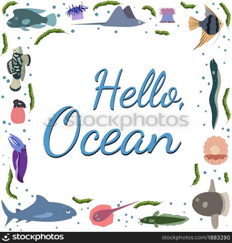 Frame template with cartoon sea animals. Ocean background with square silhouette. Underwater life. Shark, shell with pearl, stringray, seaweed. Frame template with cartoon sea animals. Ocean background with square silhouette.