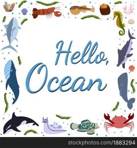 Frame template with cartoon sea animals. Ocean background with square silhouette. Underwater life. Whale, tuna, sea horse and crab, lobster. Frame template with cartoon sea animals. Ocean background with square silhouette.