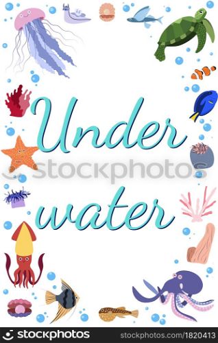 Frame template with cartoon sea animals. Ocean rectangle composition with jellyfish and turtle, squid, octopus, fish and shell. Underwater life.. Frame template with cartoon sea animals. Ocean rectangle composition with jellyfish and turtle, squid, octopus, fish and shell.
