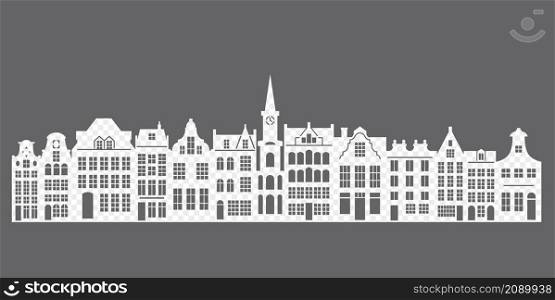 Frame with a cut-out silhouette of an old European city. Dutch houses of Amsterdam. Vector stencil illustration. Frame with a cut-out silhouette of an old European city. Dutch houses of Amsterdam. Vector stencil illustration.
