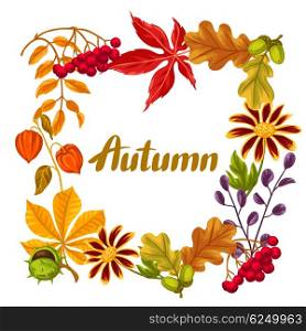 Frame with autumn leaves and plants. Design for advertising booklets, banners, flayers, cards.