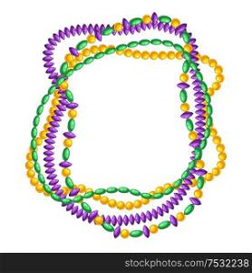 Frame with beads in Mardi Gras colors. Carnival background for traditional holiday or festival.. Frame with beads in Mardi Gras colors.