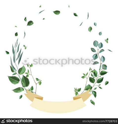 Frame with branches and green leaves. Spring or summer stylized foliage. Seasonal illustration.. Frame with branches and green leaves. Spring or summer stylized foliage.