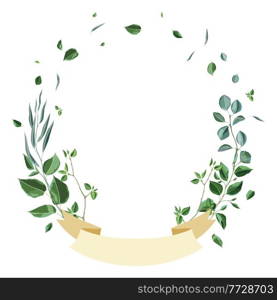 Frame with branches and green leaves. Spring or summer stylized foliage. Seasonal illustration.. Frame with branches and green leaves. Spring or summer stylized foliage.