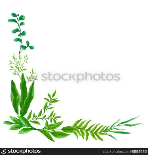 Frame with branches and green leaves. Spring or summer stylized foliage. Seasonal illustration.. Frame with branches and green leaves. Spring or summer stylized foliage.