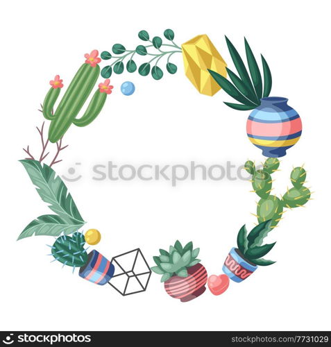 Frame with cactuses and succulents. Decorative spiky flowering cacti and plants in flowerpots. Home craft decoration.. Frame with cactuses and succulents. Decorative spiky flowering cacti and plants in flowerpots.