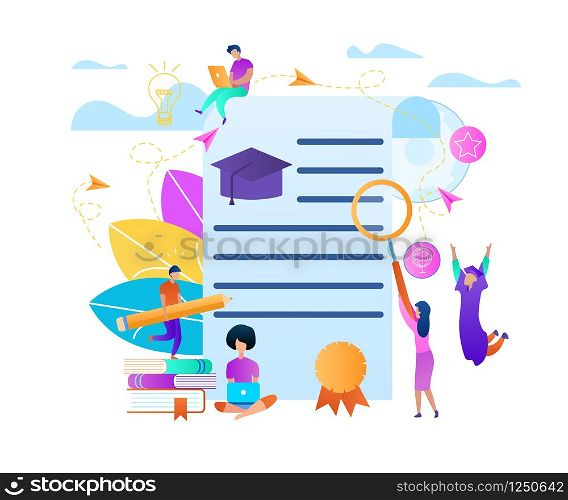 Frame with Copy Space on Education Topic. Training Young People Gaining Knowledge From Books and Internet Around of Certificate. Online Learning Students Composition. Flat Vector Illustration, Banner. Young People Training Around of Certificate Blank