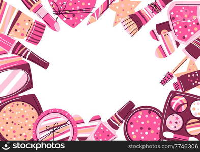 Frame with cosmetics for skincare and makeup. Illustration for catalog or advertising. Beauty and fashion items.. Frame with cosmetics for skincare and makeup. Illustration for advertising. Beauty and fashion items.