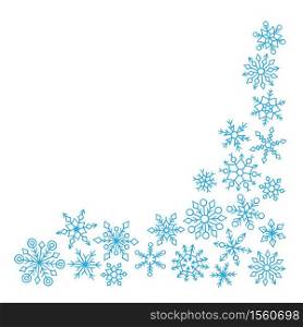 Frame with cute hand drawn winter snowflakes on white background. Vector illustration in doodle style. Frame with cute hand drawn winter snowflakes on white background. Vector illustration
