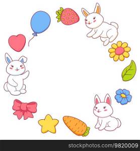 Frame with cute kawaii little bunnies. Funny cheerful characters and decorations in cartoon style.. Frame with cute kawaii little bunnies. Funny characters and decorations in cartoon style.