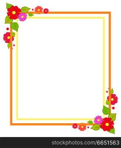 Frame with flowers with summer or spring season concept decor elements, blossoms and leaves in angles vector illustration isolated on white background. Frame with Flowers Summer or Spring Season Concept