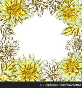 Frame with fluffy yellow dahlias. Beautiful decorative flowers, leaves and buds.. Frame with fluffy yellow dahlias.