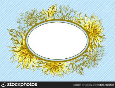 Frame with fluffy yellow dahlias. Beautiful decorative flowers, leaves and buds.. Frame with fluffy yellow dahlias.