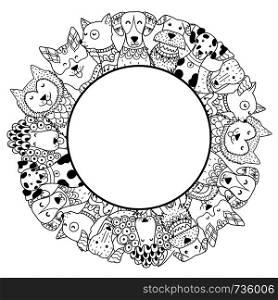 Frame with funny dogs for coloring page. Place for your text. Vector illustration