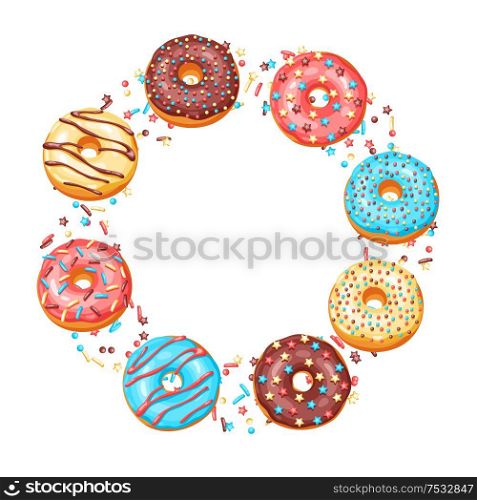 Frame with glaze donuts and sprinkles. Background of various colored sweet pastries.. Frame with glaze donuts and sprinkles.