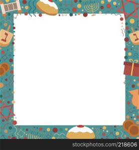 Frame with Hanukkah holiday flat design icons. Template with space for text, isolated on background.