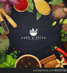 Frame With Herbs and Spices. Beautiful frame with edges of cooking herbs and placers spices in wooden dishes and without realistic vector illustration