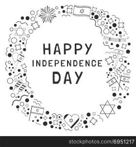 "Frame with Israel Independence Day holiday flat design black thin line icons with text in english "Happy Independence Day". Template with space for text, isolated on background."
