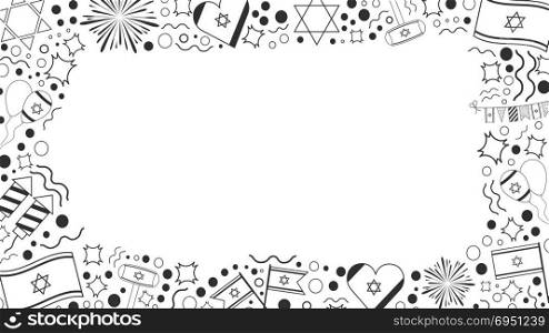 Frame with Israel Independence Day holiday flat design black thin line icons. Template with space for text, isolated on background.