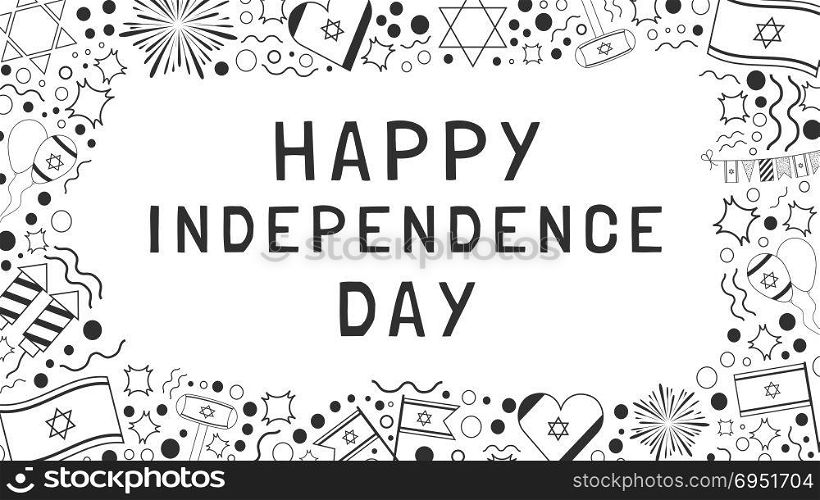 "Frame with Israel Independence Day holiday flat design black thin line icons with text in english "Happy Independence Day". Template with space for text, isolated on background."