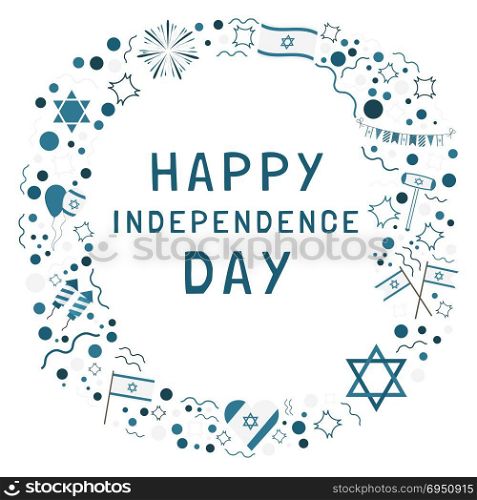 "Frame with Israel Independence Day holiday flat design icons with text in english "Happy Independence Day". Template with space for text, isolated on background."