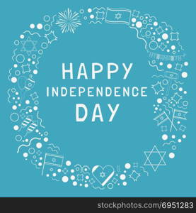 "Frame with Israel Independence Day holiday flat design white thin line icons with text in english "Happy Independence Day". Template with space for text, isolated on background."