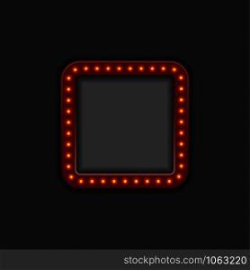 Frame with light bulbs and with space for text or photo. Dark background.