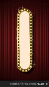 Frame with light-bulbs on red curtain. 3d view of glowing empty shape, bright signboard, advertising or presentation element, card vector. Red curtain theater background. Glowing Frame, Empty Board with Light-Bulbs Vector