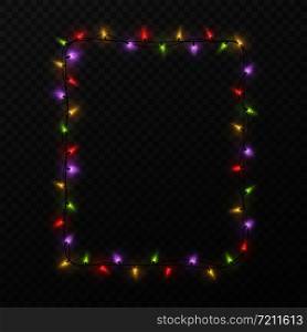 Frame with light garland. Christmas square border with color glowing light bulbs isolated on transparent background. Vector xmas lighting holiday decor. Frame with light garland. Christmas square border with color glowing light bulbs isolated on transparent background. Vector xmas decor