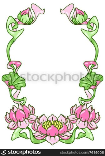 Frame with lotus flowers. Art Nouveau vintage style. Water lily decorative illustration. Natural tropical plants.. Frame with lotus flowers. Art Nouveau vintage style.