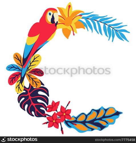 Frame with macaw parrot and tropical plants. Exotic decorative bird, flowers anf leaves. Stylized image for design.. Frame with macaw parrot and tropical plants. Exotic decorative bird, flowers anf leaves.