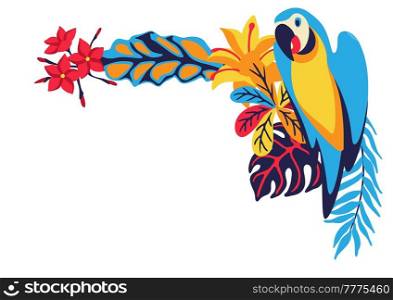Frame with macaw parrot and tropical plants. Exotic decorative bird, flowers anf leaves. Stylized image for design.. Frame with macaw parrot and tropical plants. Exotic decorative bird, flowers anf leaves.