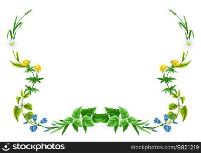 Frame with meadow flowers. Herbs and cereal grass. Beautiful decorative spring plants. Natural illustration.. Frame with meadow flowers. Herbs and cereal grass. Beautiful decorative spring plants.